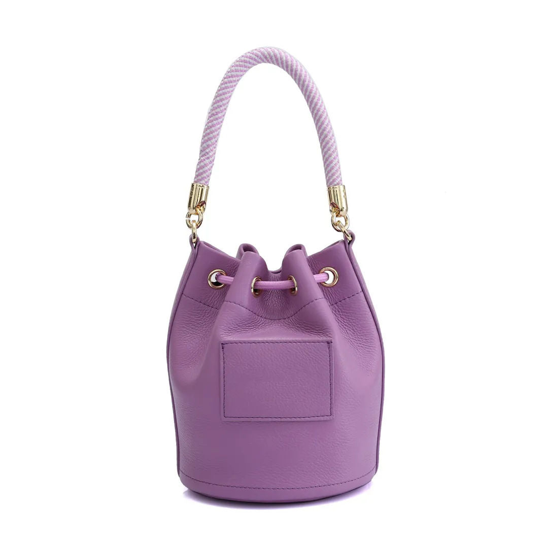 Solid Color Drawstring Bucket Handbag with Striped Handle