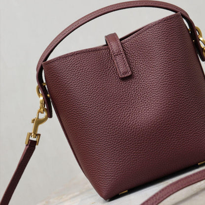 Wine Red Grain Leather Bucket Handbag