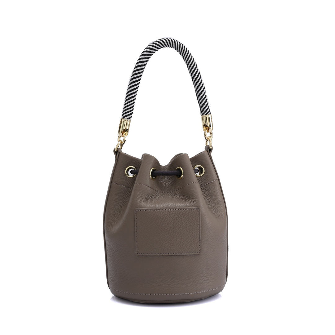 Solid Color Drawstring Bucket Handbag with Striped Handle