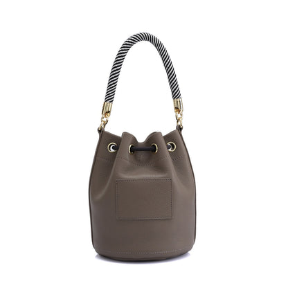 Solid Color Drawstring Bucket Handbag with Striped Handle