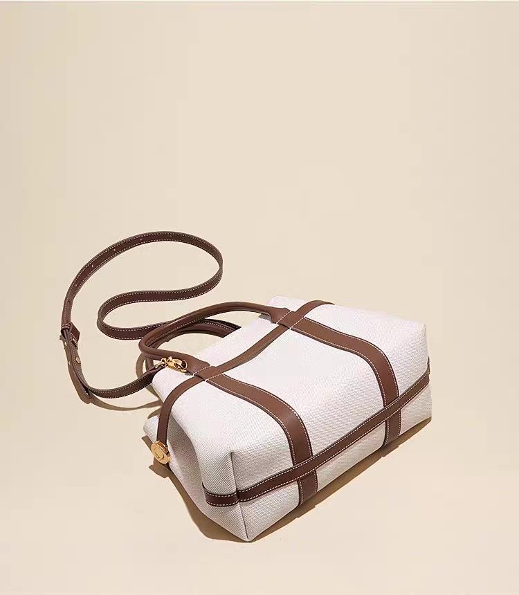 Large Capacity Canvas Tote Handbag with Leather Trim