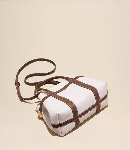 Large Capacity Canvas Tote Handbag with Leather Trim