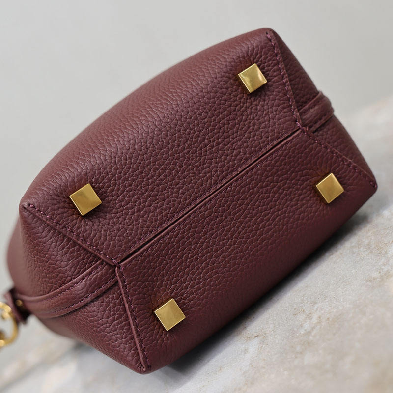 Wine Red Grain Leather Bucket Handbag