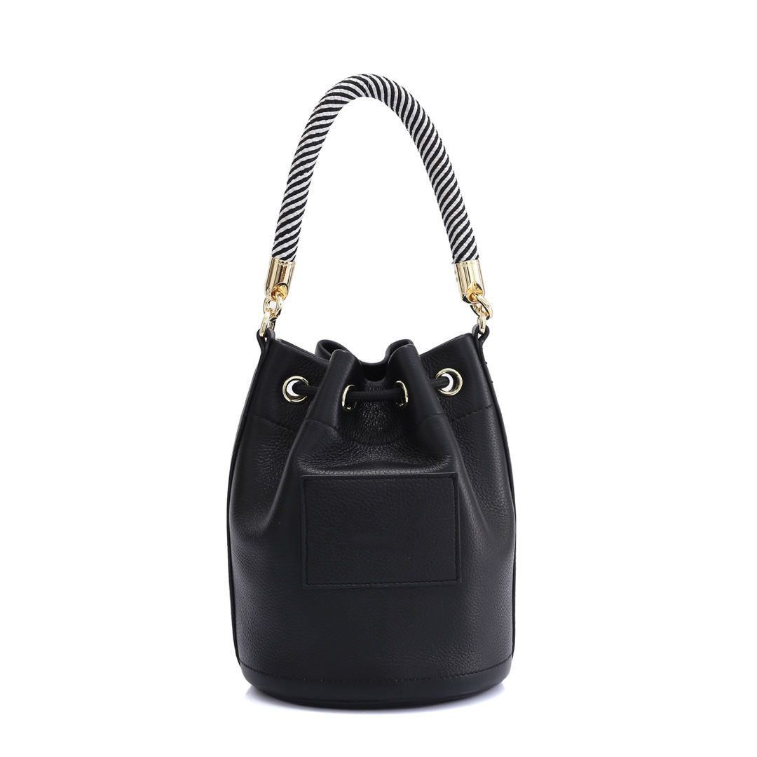 Solid Color Drawstring Bucket Handbag with Striped Handle