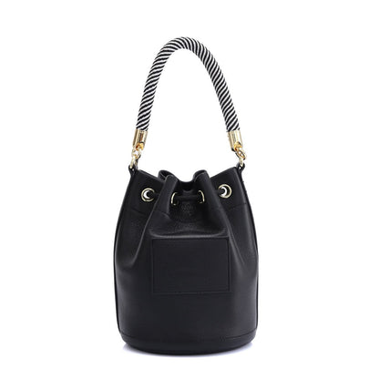 Solid Color Drawstring Bucket Handbag with Striped Handle