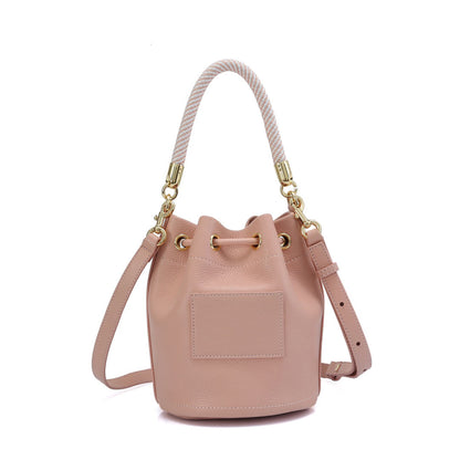 Solid Color Drawstring Bucket Handbag with Striped Handle