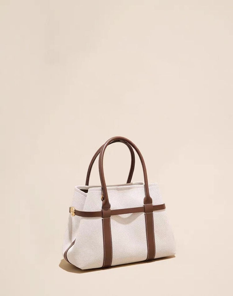 Large Capacity Canvas Tote Handbag with Leather Trim