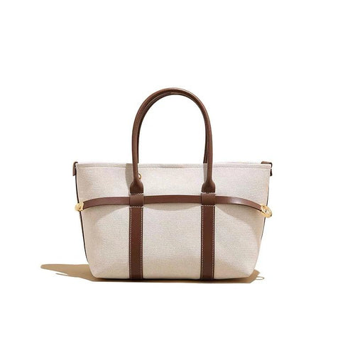 Large Capacity Canvas Tote Handbag with Leather Trim