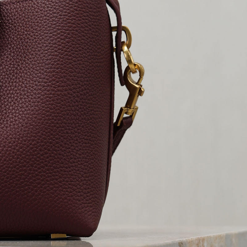Wine Red Grain Leather Bucket Handbag