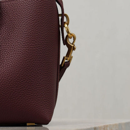 Wine Red Grain Leather Bucket Handbag