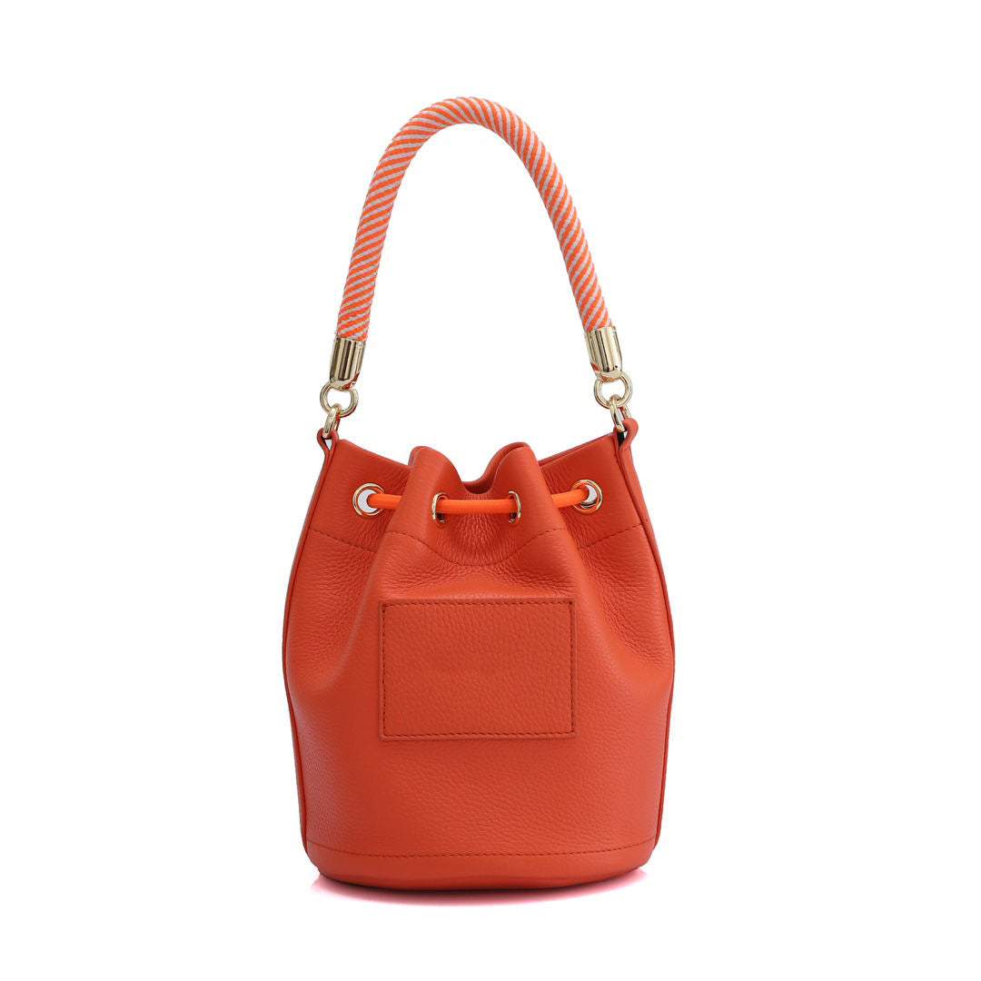 Solid Color Drawstring Bucket Handbag with Striped Handle
