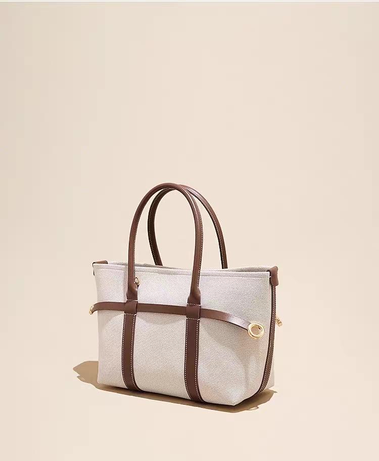 Large Capacity Canvas Tote Handbag with Leather Trim